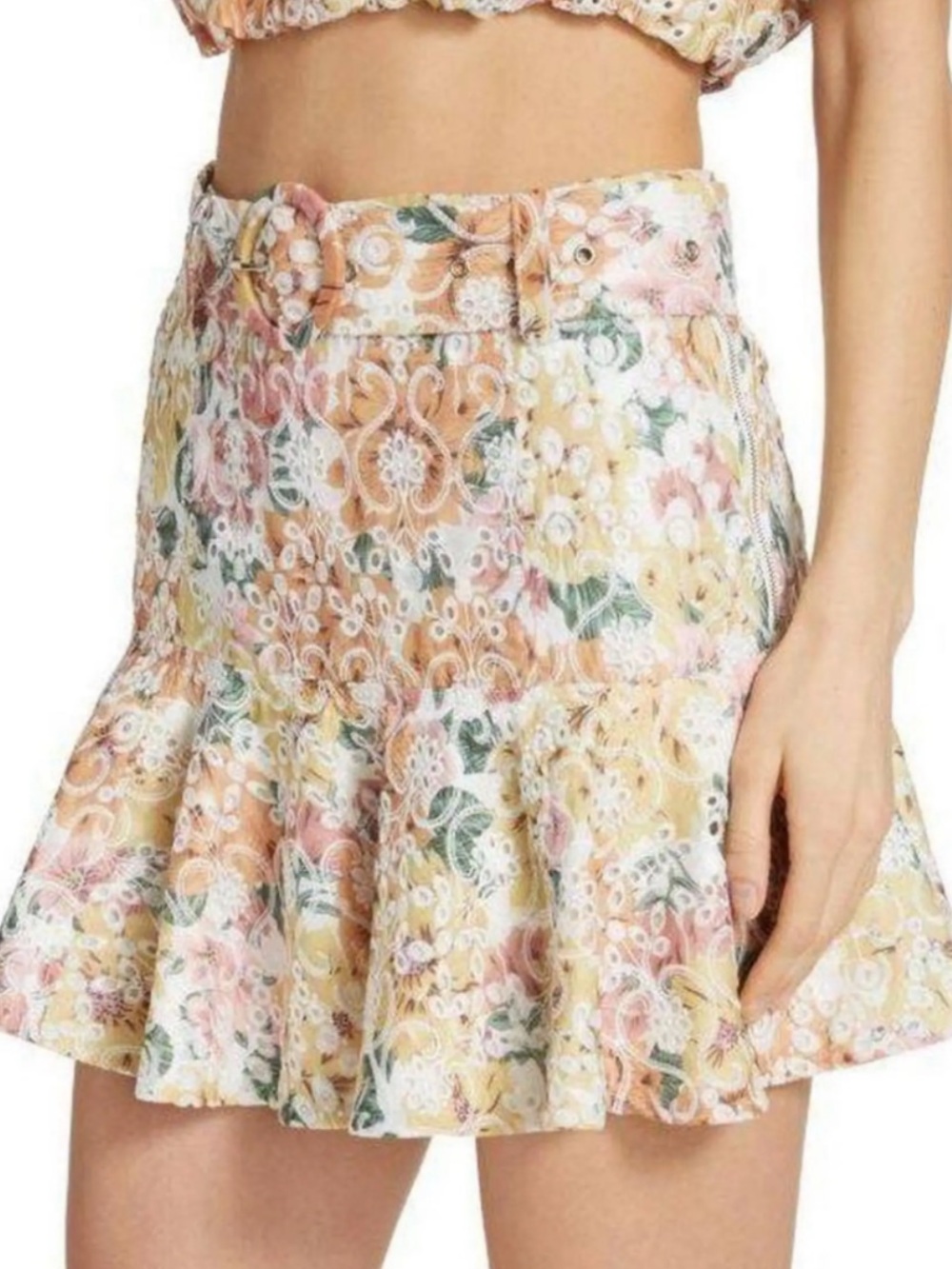 En saison Presley belted mini skirt sz L floral eyelet ruffle tiered EUC